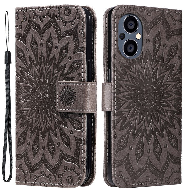 Mandala Sun Pattern Imprinted Impact Buffer PU Leather + TPU Inner Flip Wallet Case Stand Cover with Strap for OnePlus Nord N20 5G - Grey-1