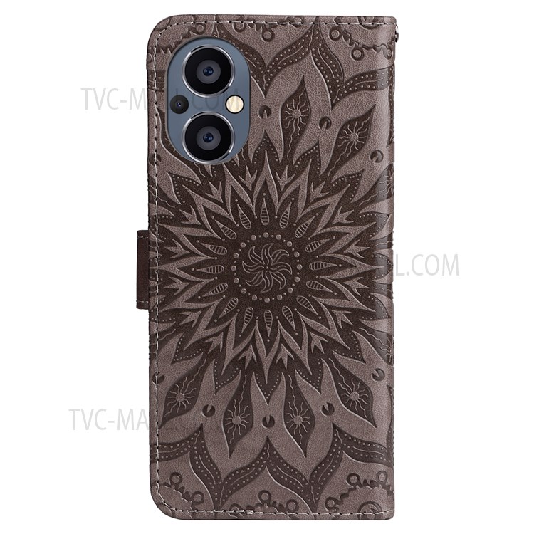 Mandala Sun Pattern Imprinted Impact Buffer PU Leather + TPU Inner Flip Wallet Case Stand Cover with Strap for OnePlus Nord N20 5G - Grey-3
