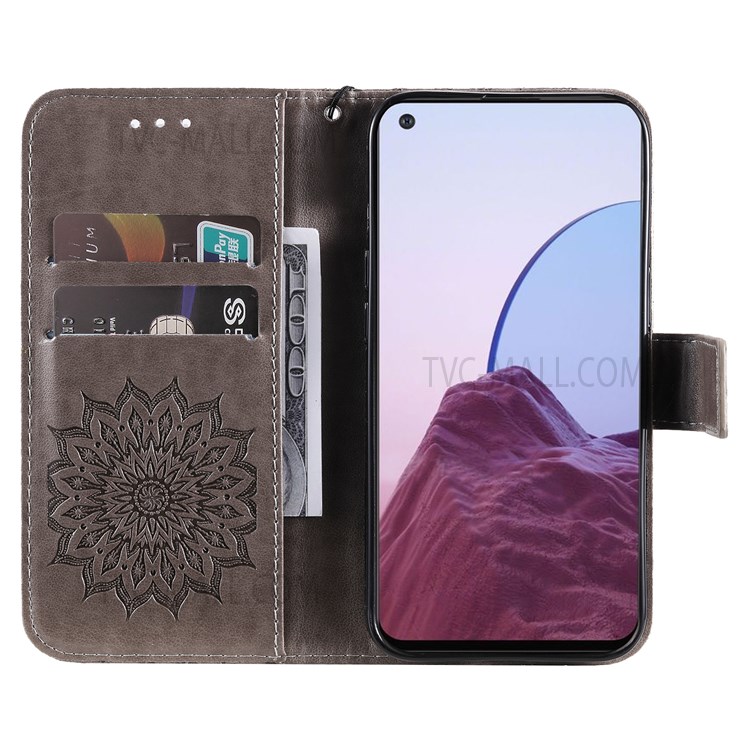 Mandala Sun Pattern Imprinted Impact Buffer PU Leather + TPU Inner Flip Wallet Case Stand Cover with Strap for OnePlus Nord N20 5G - Grey-4