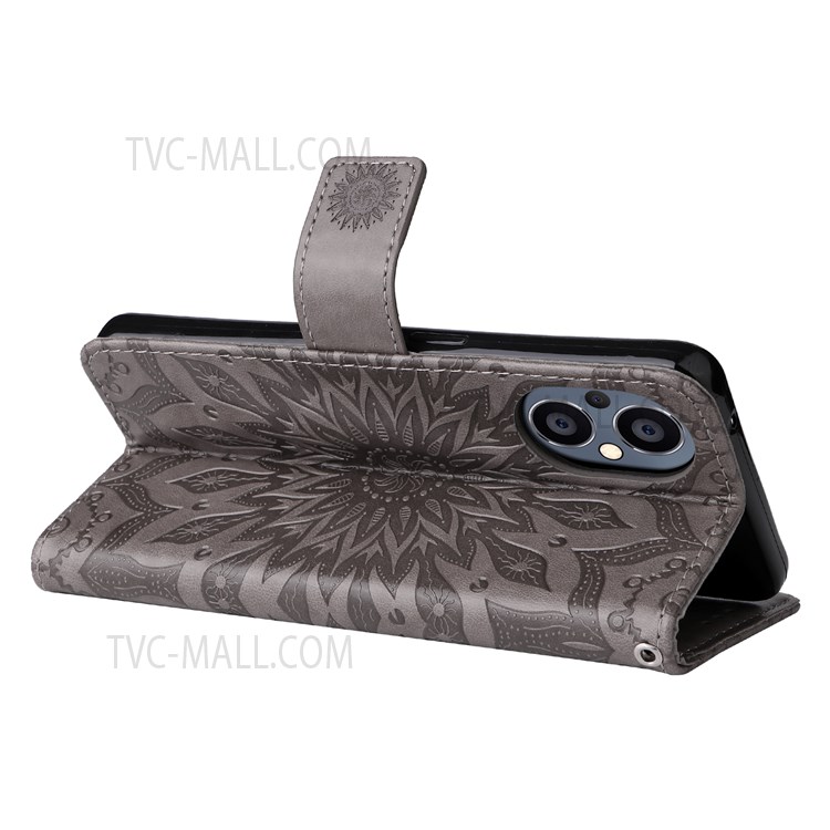Mandala Sun Pattern Imprinted Impact Buffer PU Leather + TPU Inner Flip Wallet Case Stand Cover with Strap for OnePlus Nord N20 5G - Grey-6