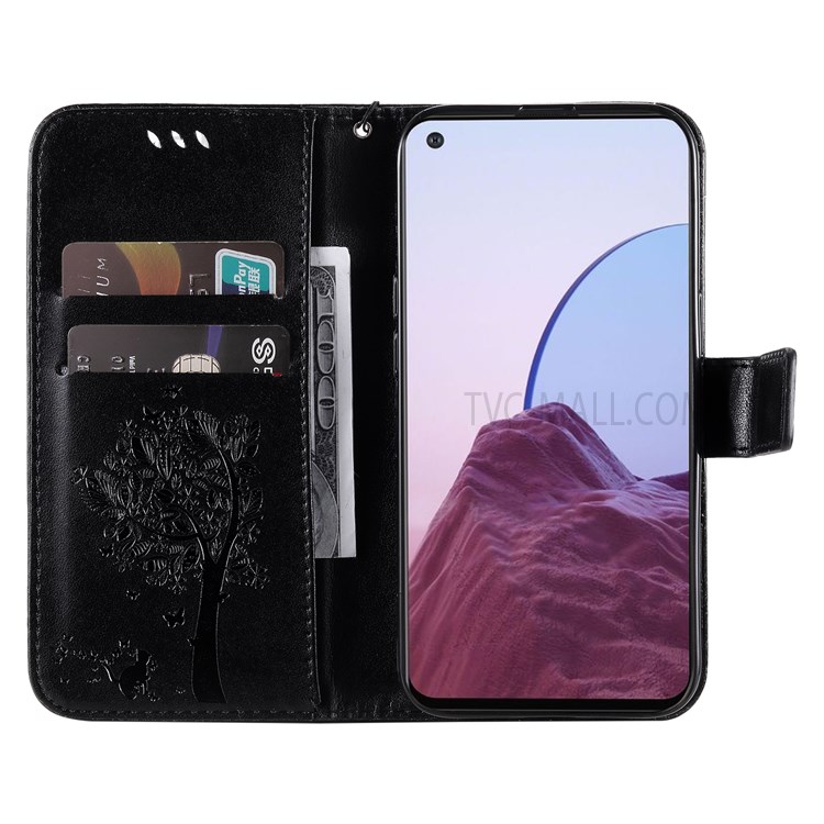 Cat Tree Pattern Imprinted Scratch Proof PU Leather Case Stand Wallet Magnetic Flip Cover with Strap for OnePlus Nord N20 5G - Black-4