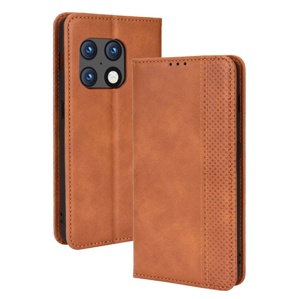 360 Degrees Wrapped Retro Style Imprinted Leather Cover + TPU Inner Case Wallet Stand Phone Cover Shell for OnePlus 10 Pro 5G - Brown-1