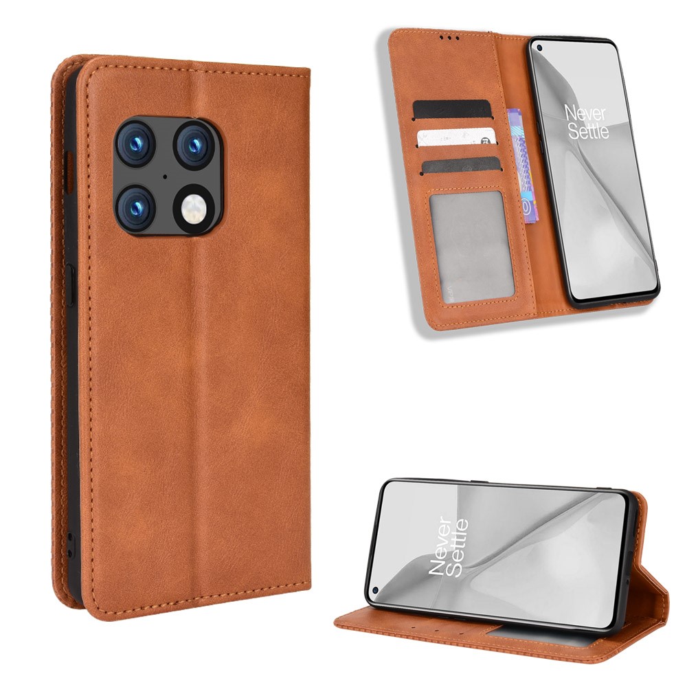 360 Degrees Wrapped Retro Style Imprinted Leather Cover + TPU Inner Case Wallet Stand Phone Cover Shell for OnePlus 10 Pro 5G - Brown-11