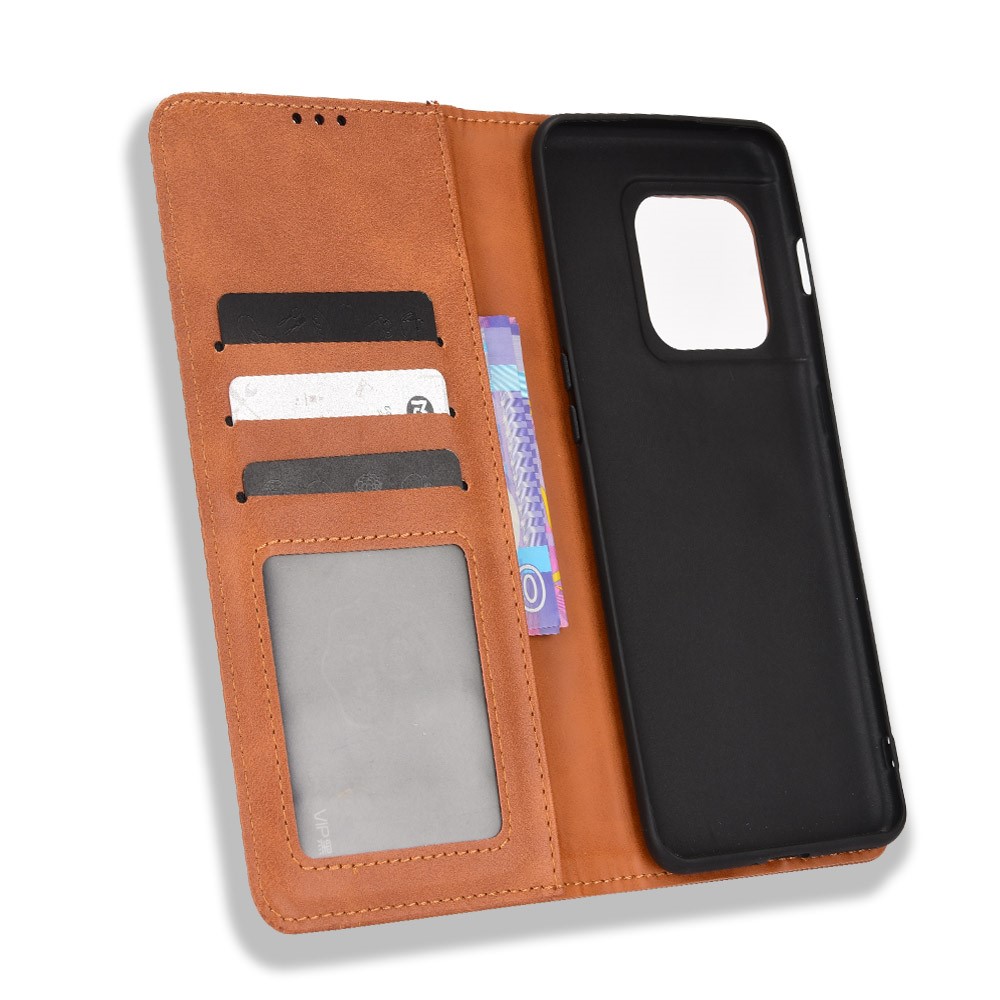 360 Degrees Wrapped Retro Style Imprinted Leather Cover + TPU Inner Case Wallet Stand Phone Cover Shell for OnePlus 10 Pro 5G - Brown-6