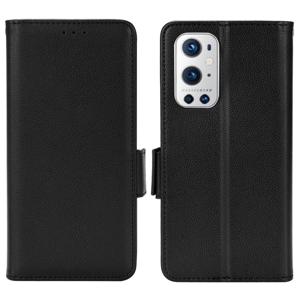 Stand Wallet Litchi Texture Phone Case for OnePlus 9 Pro, PU Leather + TPU Magnetic Clasp Cover - Black-1