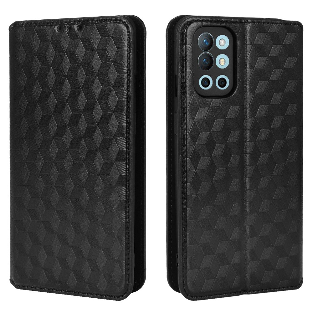 For OnePlus 9R Wallet Stand Rhombus Imprinted PU Leather Cover Full Protection Stand Wallet Phone Case - Black-1
