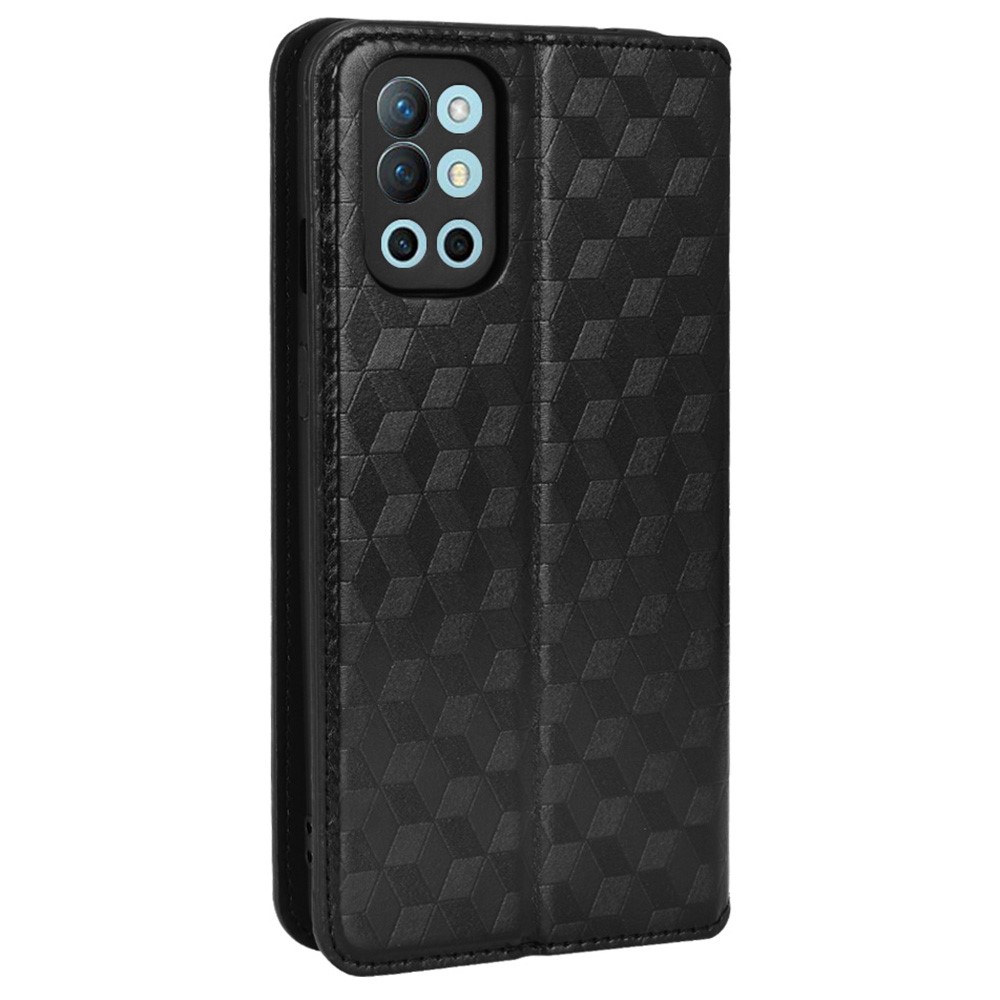 For OnePlus 9R Wallet Stand Rhombus Imprinted PU Leather Cover Full Protection Stand Wallet Phone Case - Black-3