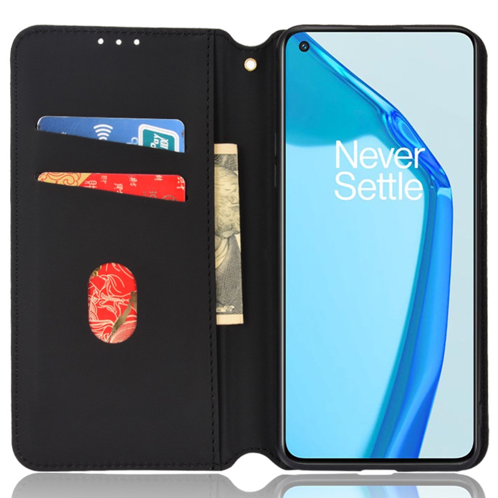 For OnePlus 9R Wallet Stand Rhombus Imprinted PU Leather Cover Full Protection Stand Wallet Phone Case - Black-5
