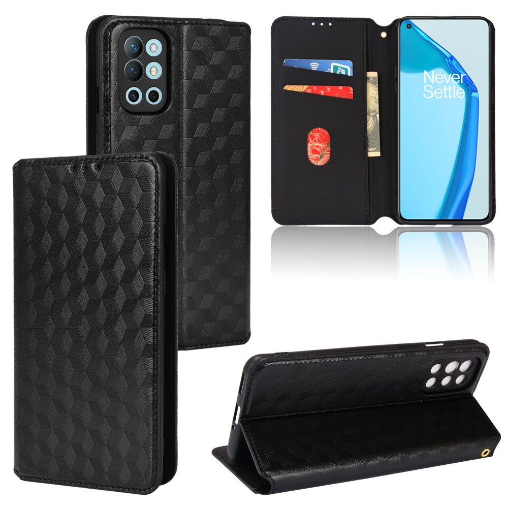 For OnePlus 9R Wallet Stand Rhombus Imprinted PU Leather Cover Full Protection Stand Wallet Phone Case - Black-9