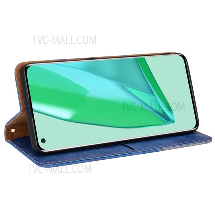 For OnePlus 9 Pro Wallet Phone Cover PU Leather Magnetic Drop-proof Case Color Splicing Phone Shell with Stand - Blue-5