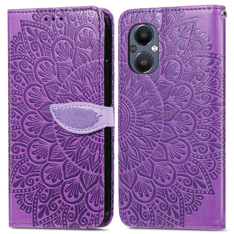 For OnePlus Nord N20 5G Imprinting Leather Cover + Soft Inner TPU Case Wallet Stand Feather Pattern Phone Shell - Purple-1