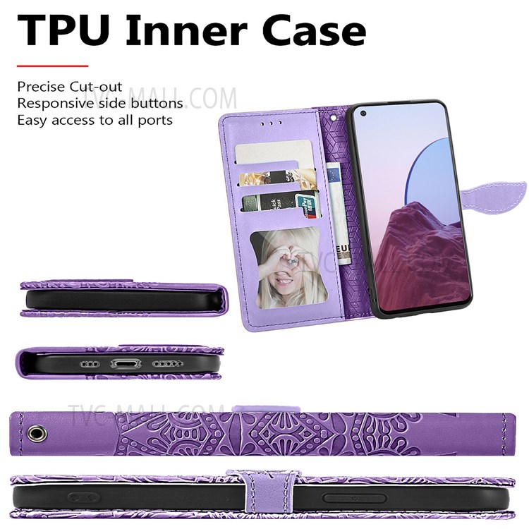 For OnePlus Nord N20 5G Imprinting Leather Cover + Soft Inner TPU Case Wallet Stand Feather Pattern Phone Shell - Purple-8