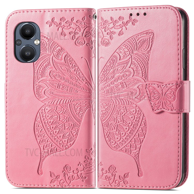 For OnePlus Nord N20 5G Butterfly Flower Imprinted PU Leather Wallet Phone Case Magnetic Clasp Stand Cover - Pink-1