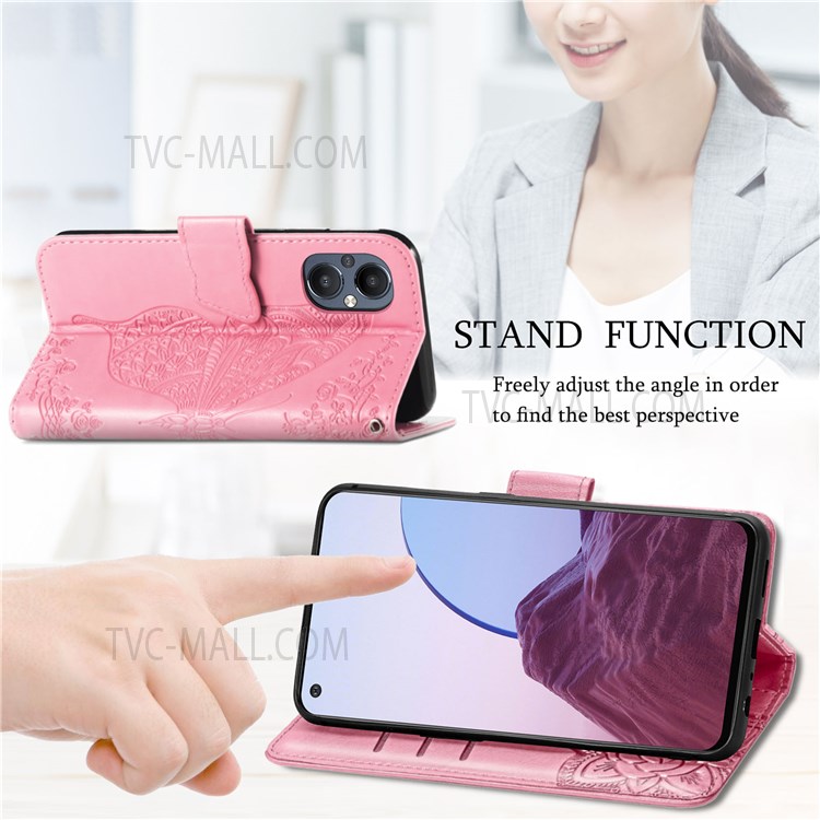 For OnePlus Nord N20 5G Butterfly Flower Imprinted PU Leather Wallet Phone Case Magnetic Clasp Stand Cover - Pink-10
