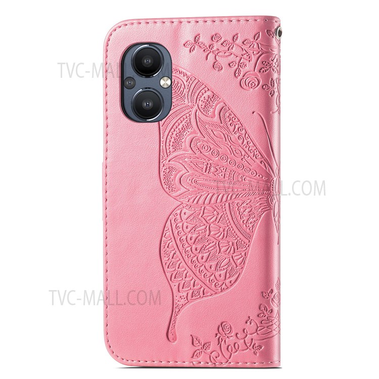 For OnePlus Nord N20 5G Butterfly Flower Imprinted PU Leather Wallet Phone Case Magnetic Clasp Stand Cover - Pink-3
