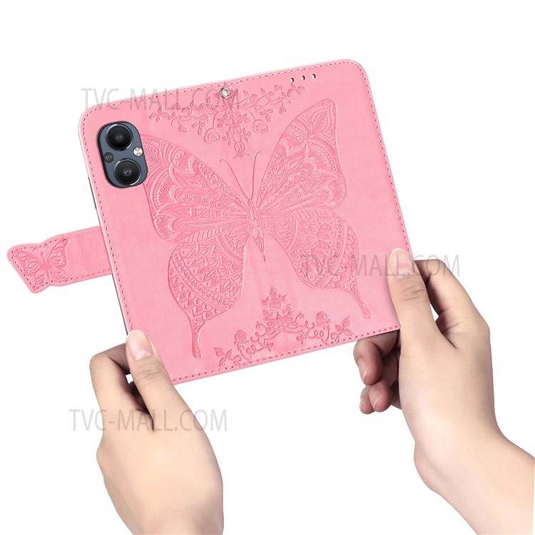 For OnePlus Nord N20 5G Butterfly Flower Imprinted PU Leather Wallet Phone Case Magnetic Clasp Stand Cover - Pink-6