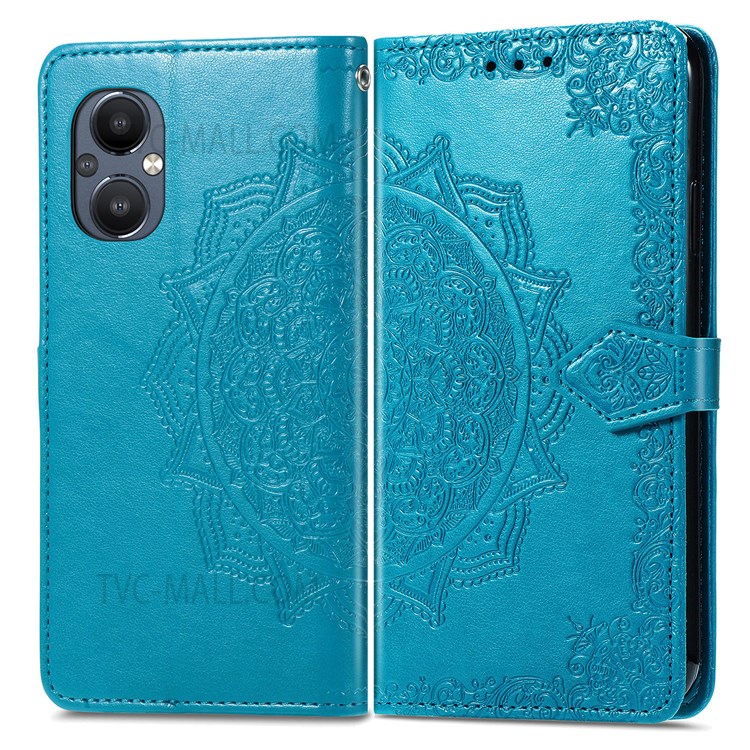 For OnePlus Nord N20 5G PU Leather + TPU Wallet Cover Embossed Mandala Pattern Stand TPU Phone Case - Blue-1