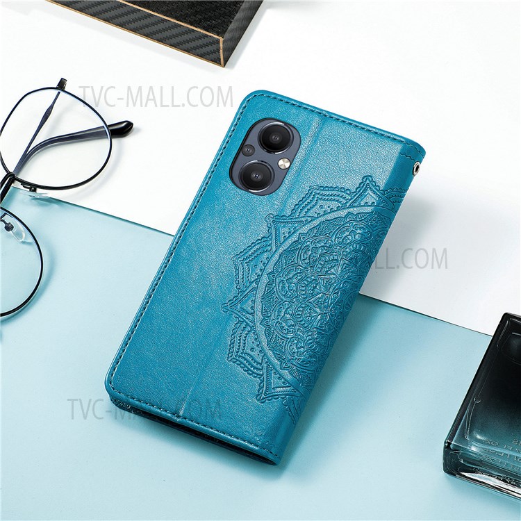 For OnePlus Nord N20 5G PU Leather + TPU Wallet Cover Embossed Mandala Pattern Stand TPU Phone Case - Blue-7