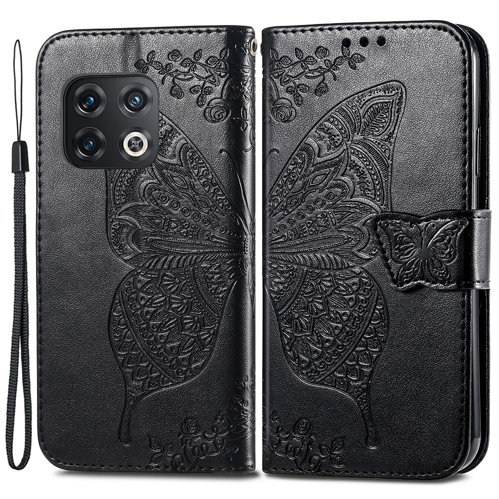For OnePlus 10 Pro 5G Imprinting Butterfly Flower Protector Shockproof Stand Wallet PU Leather Phone Case - Black-1