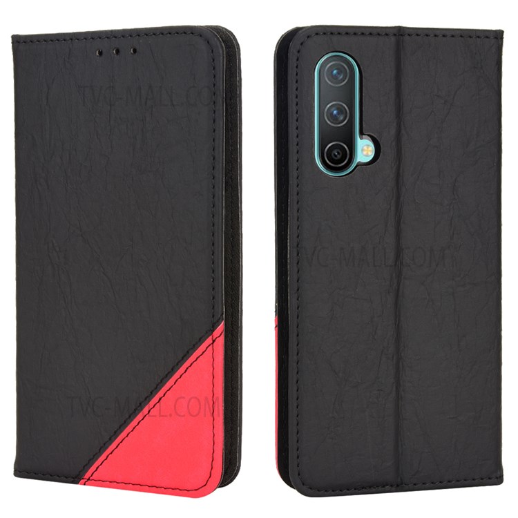 For OnePlus Nord CE 5G Dual Color Splicing Magnetic Auto-absorbed Phone Case PU Leather Anti-drop Protective Cover with Wallet Stand - Black-1