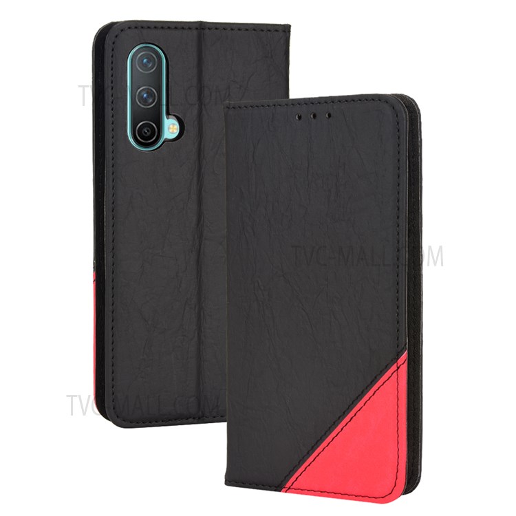 For OnePlus Nord CE 5G Dual Color Splicing Magnetic Auto-absorbed Phone Case PU Leather Anti-drop Protective Cover with Wallet Stand - Black-7