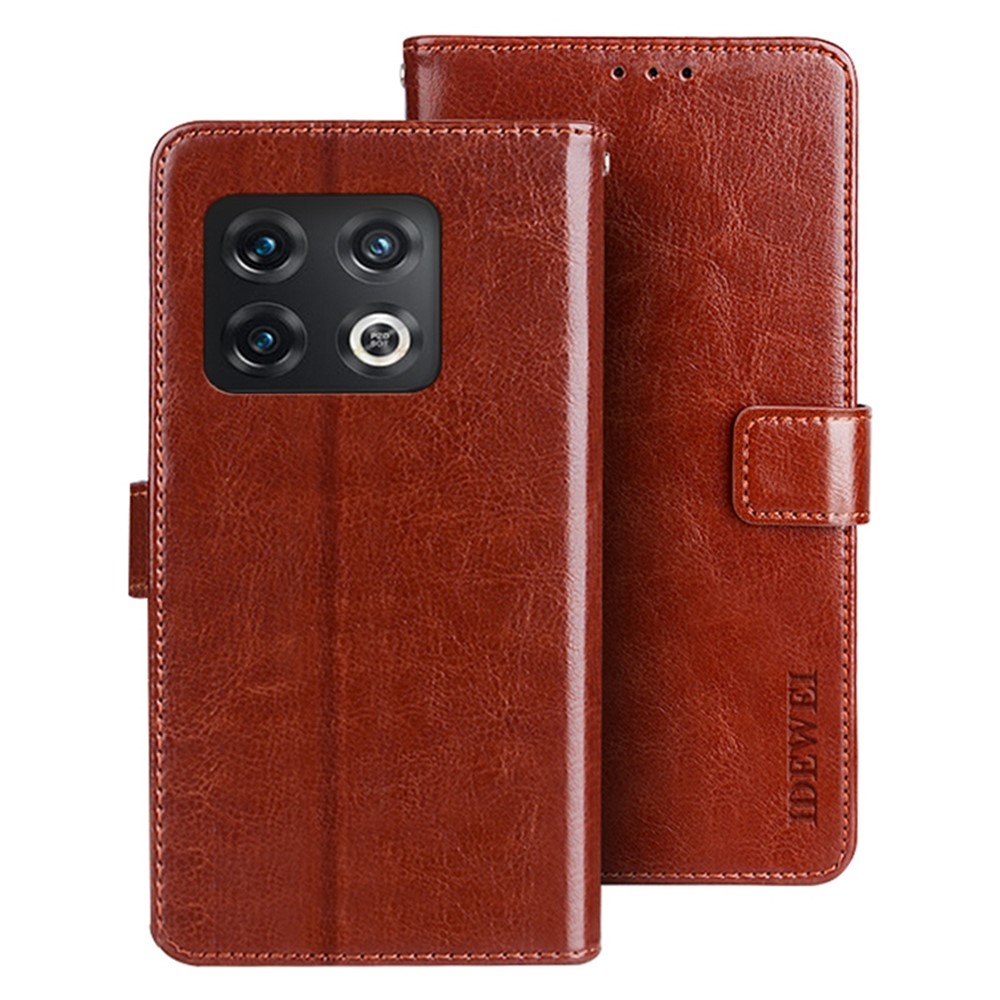 IDEWEI for OnePlus 10 Pro Folio Flip PU Leather + TPU Crazy Horse Texture Foldable Stand Wear-resistant Anti-fall Phone Cover with Wallet - Brown-1