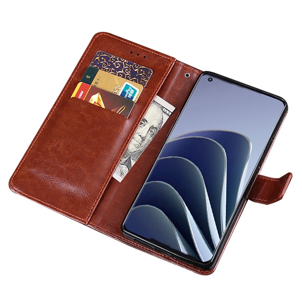 IDEWEI for OnePlus 10 Pro Folio Flip PU Leather + TPU Crazy Horse Texture Foldable Stand Wear-resistant Anti-fall Phone Cover with Wallet - Brown-2