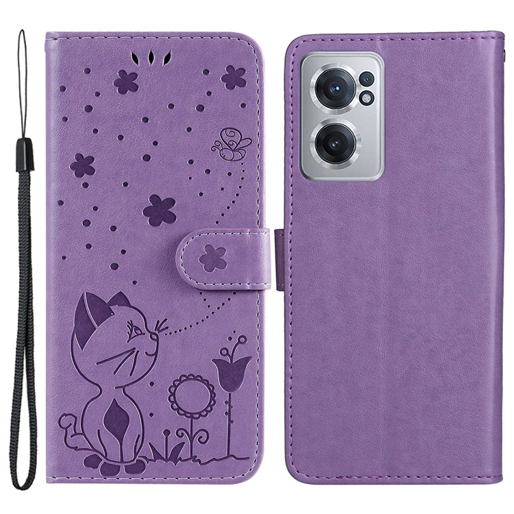 For OnePlus Nord CE 2 5G KT Imprinting Flower Series-4 PU Leather Imprinted Cat and Bee Pattern Well-protected Cover Wallet Style Stand Anti-fall Case with Strap - Purple-1