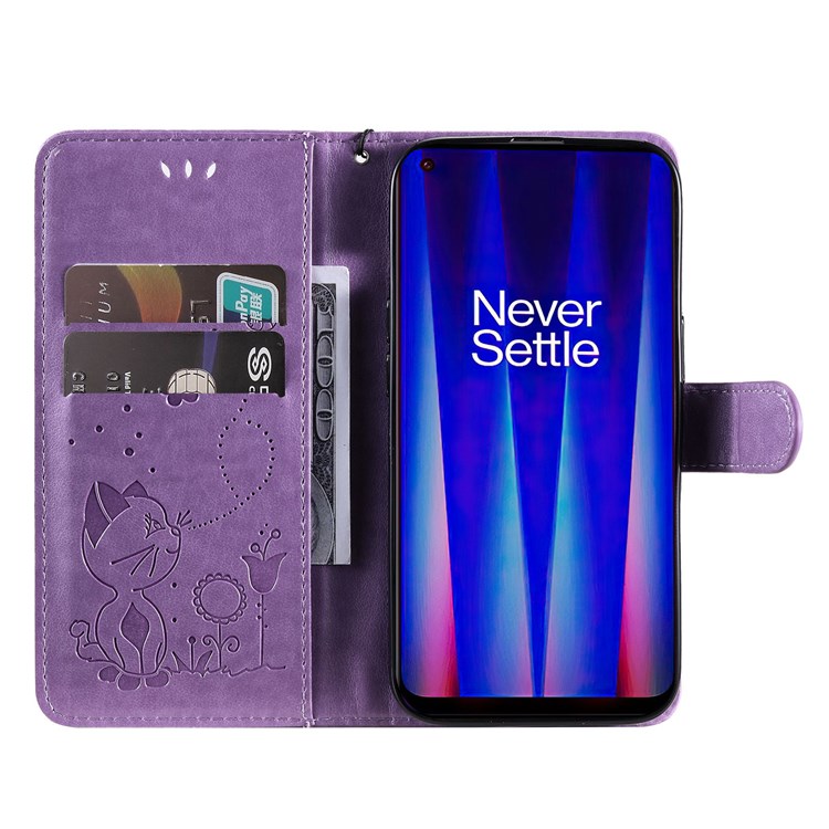 For OnePlus Nord CE 2 5G KT Imprinting Flower Series-4 PU Leather Imprinted Cat and Bee Pattern Well-protected Cover Wallet Style Stand Anti-fall Case with Strap - Purple-2
