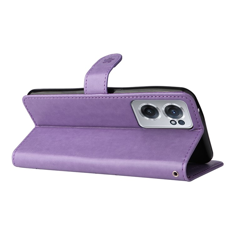 For OnePlus Nord CE 2 5G KT Imprinting Flower Series-4 PU Leather Imprinted Cat and Bee Pattern Well-protected Cover Wallet Style Stand Anti-fall Case with Strap - Purple-5