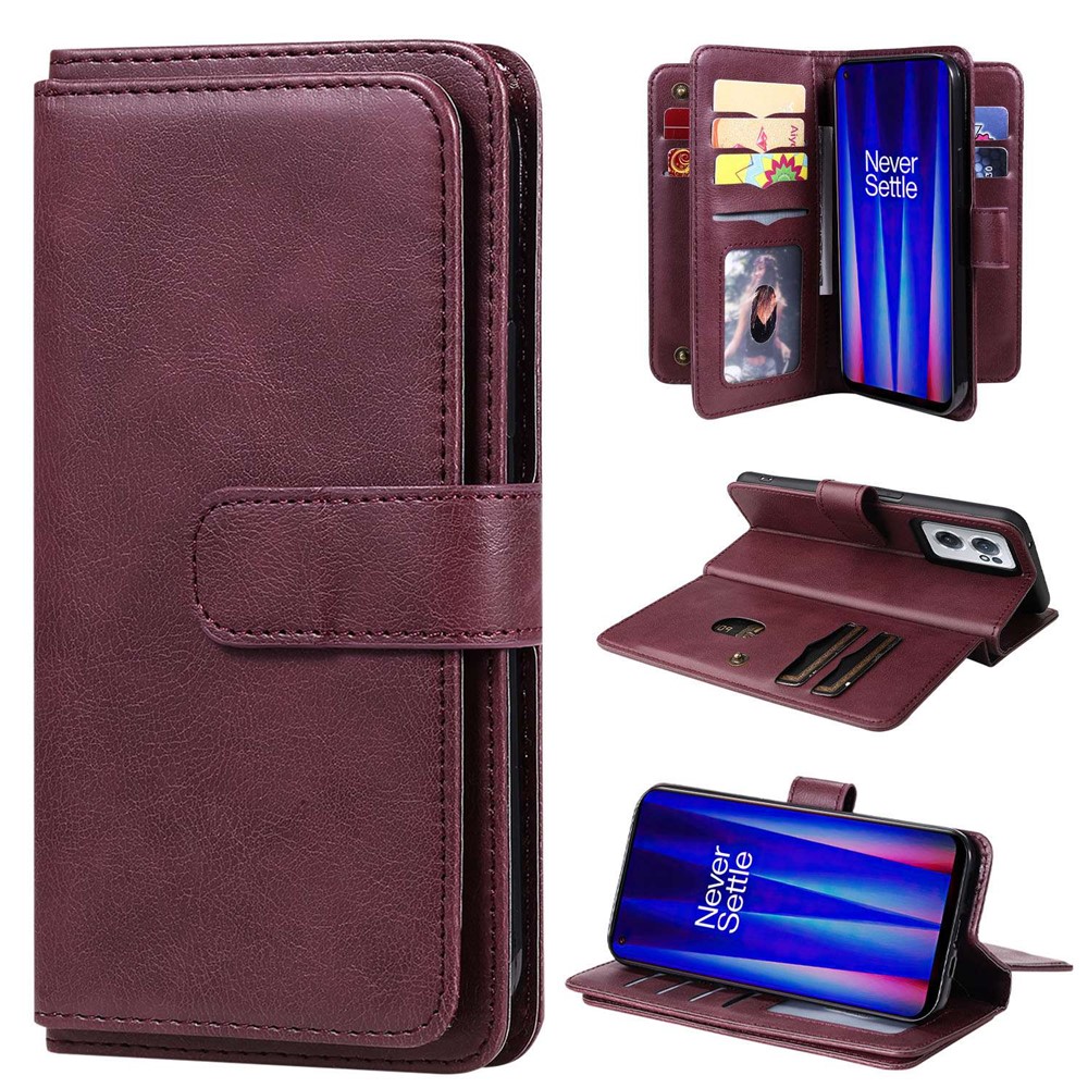 KT Multi-functional Series-1 for OnePlus Nord CE 2 5G PU Leather Magnetic Phone Case Viewing Stand Wallet Clutch Purse with 10-Card Slots Holder - Wine Red-1