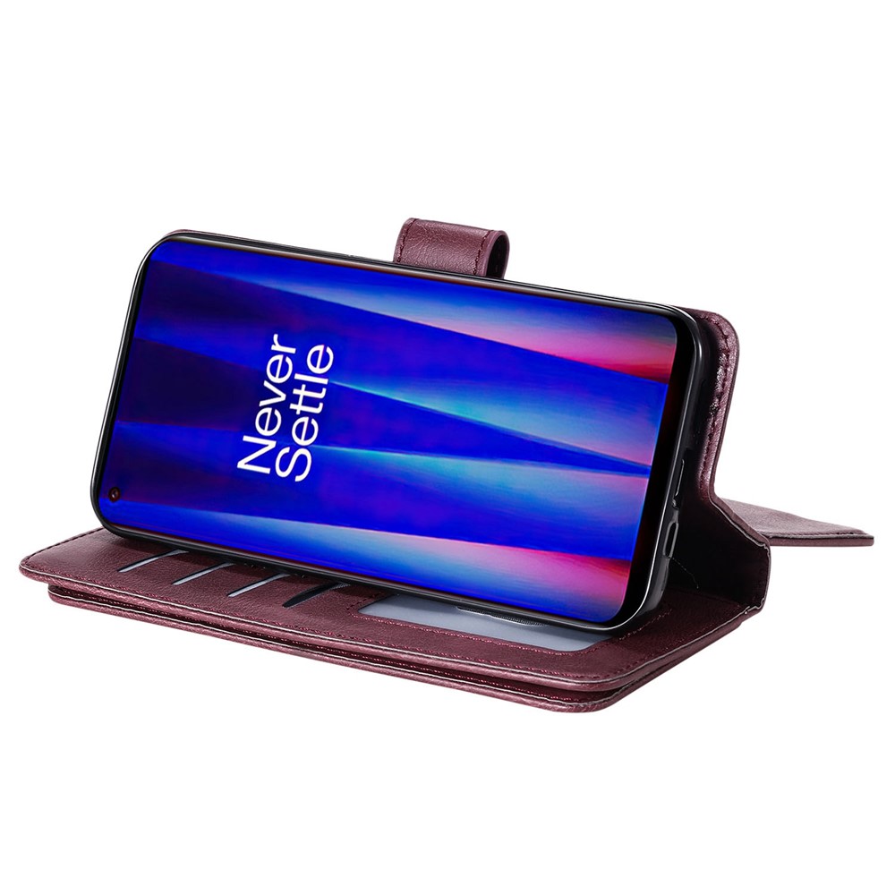 KT Multi-functional Series-1 for OnePlus Nord CE 2 5G PU Leather Magnetic Phone Case Viewing Stand Wallet Clutch Purse with 10-Card Slots Holder - Wine Red-3