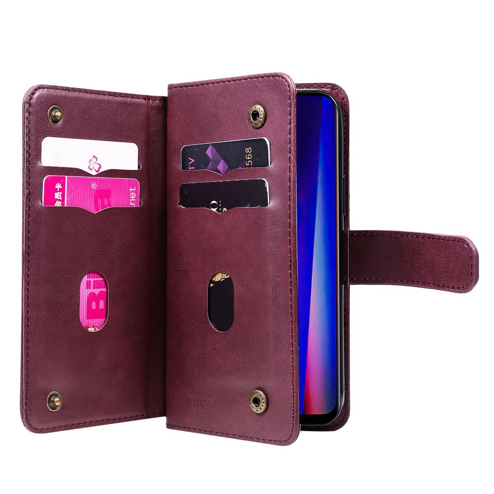 KT Multi-functional Series-1 for OnePlus Nord CE 2 5G PU Leather Magnetic Phone Case Viewing Stand Wallet Clutch Purse with 10-Card Slots Holder - Wine Red-4