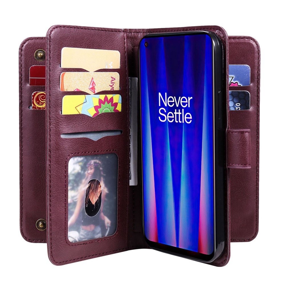 KT Multi-functional Series-1 for OnePlus Nord CE 2 5G PU Leather Magnetic Phone Case Viewing Stand Wallet Clutch Purse with 10-Card Slots Holder - Wine Red-7