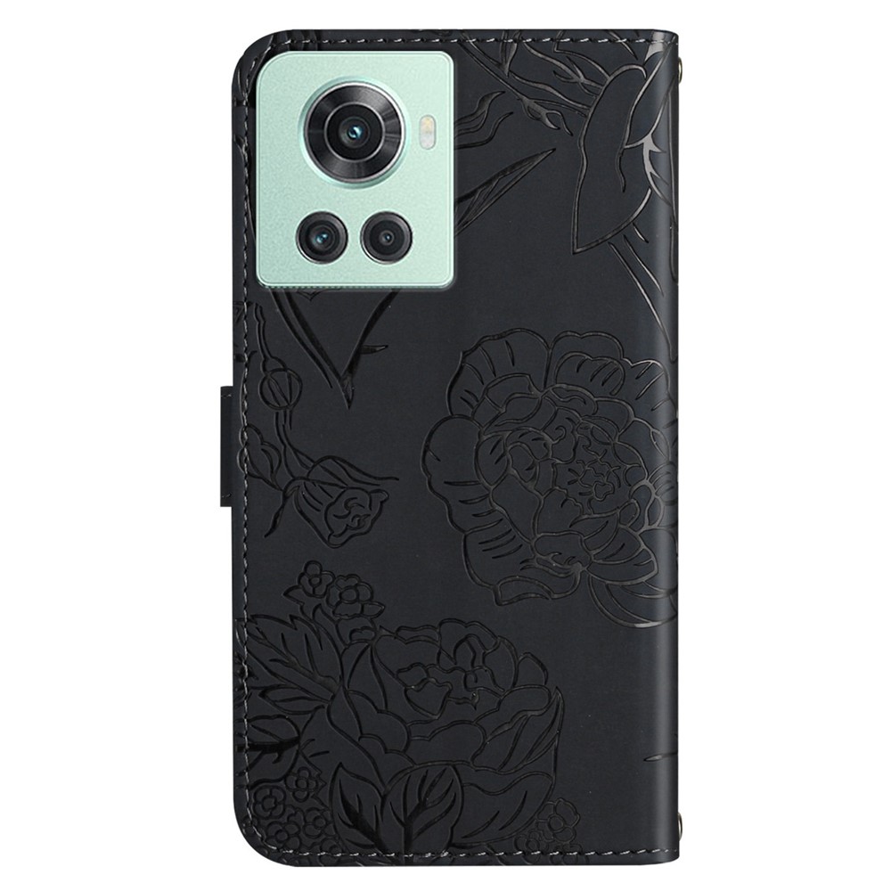 For OnePlus 10R/Ace Imprinted Butterfly Flowers PU Leather Wallet Case Stand Flip Full Body Shockproof Protective Cover with Handy Strap - Black-10