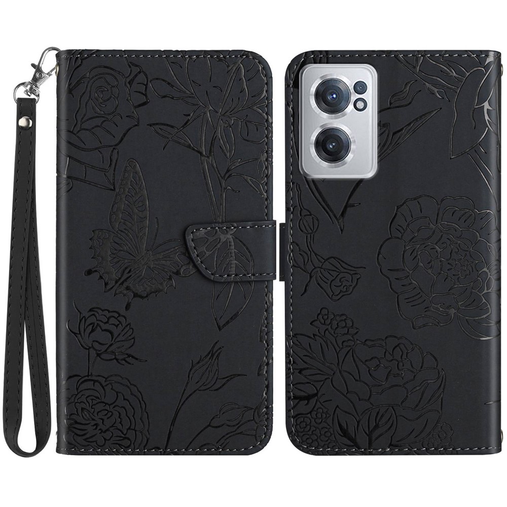 Para OnePlus Nord CE 2 5G Impresso Flowers Butterfly Caso PU Caixa de Couro Stand Stand Stand Chop -glop Protection Protection Cover Com Alça Prática - Preto