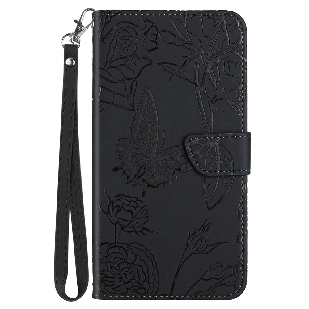 Pour OnePlus Nord CE 2 5G Fleurs de Papillon Imprimées PU Cuir de Support Portefeuille Portefeuille Amortisseur Magnétique Couvrette de Protection Avec Une Sangle Pratique - le Noir