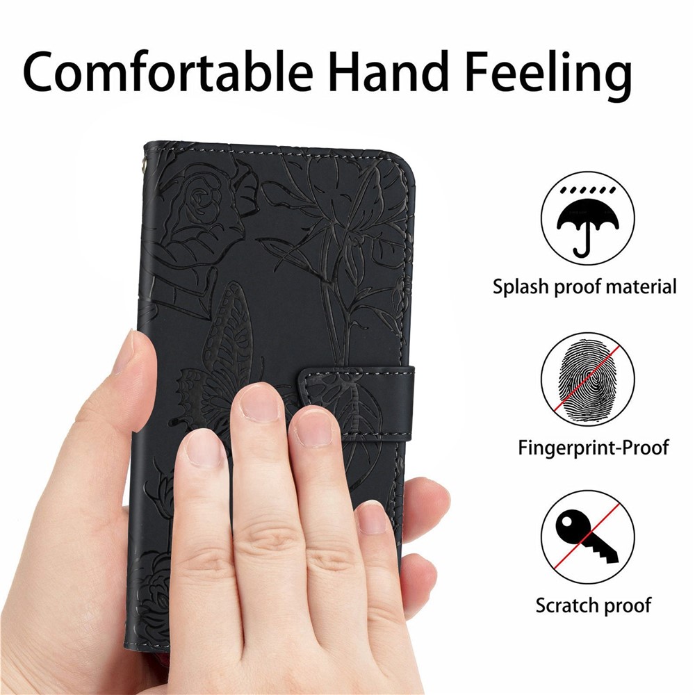 For OnePlus 10R/Ace PU Leather Folio Flip Cover Imprinted Butterfly Flowers Shoulder Strap Stand Wallet Soft TPU Book Case - Black-5
