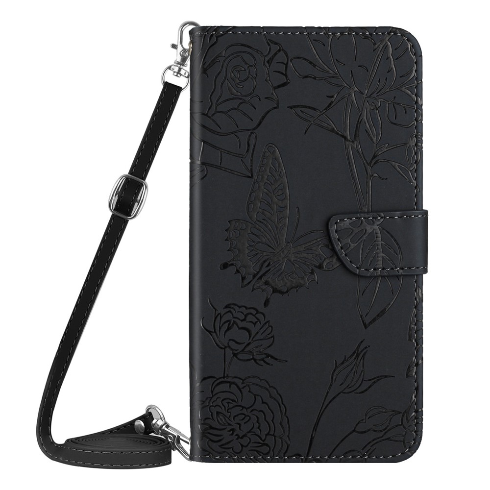 For OnePlus 10R/Ace PU Leather Folio Flip Cover Imprinted Butterfly Flowers Shoulder Strap Stand Wallet Soft TPU Book Case - Black-9