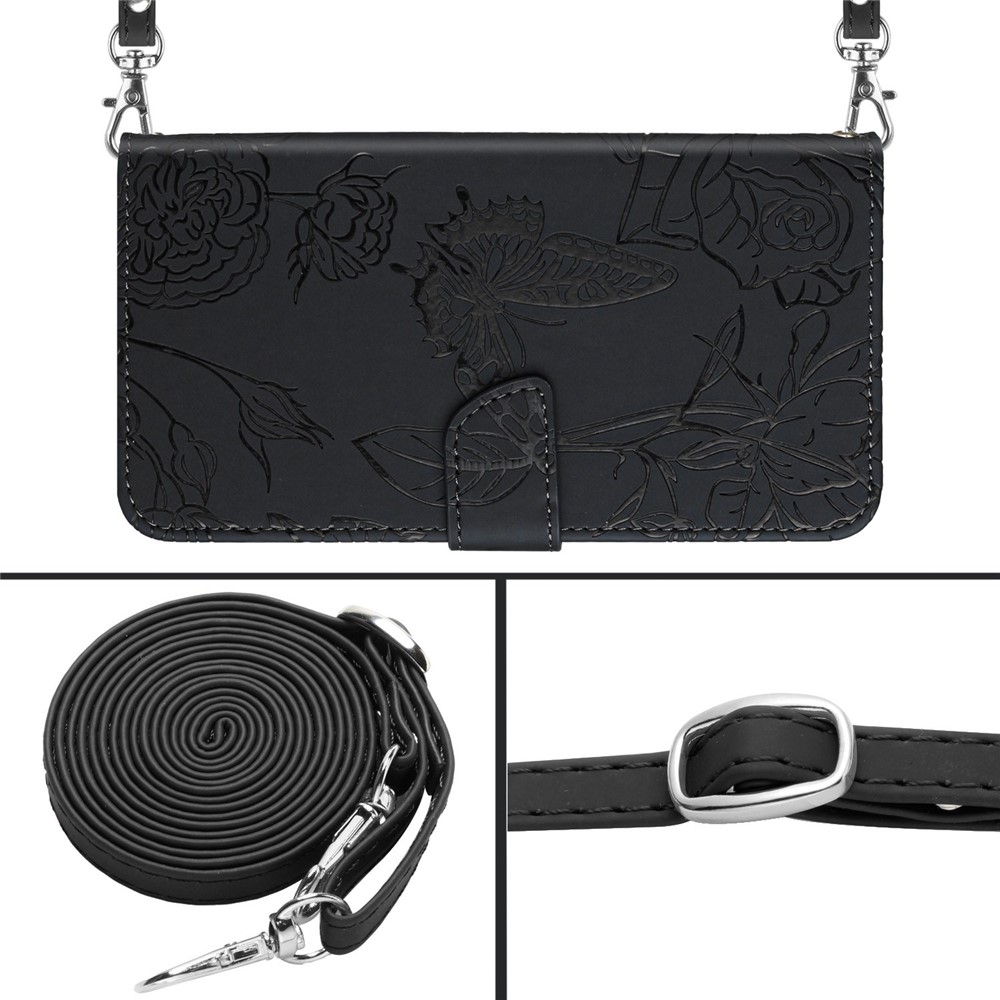 For OnePlus Nord CE 2 5G Imprinted Butterfly Flowers PU Leather Flip Wallet Case Stand Bookstyle Magnetic Protective Cover with Shoulder Strap - Black-7