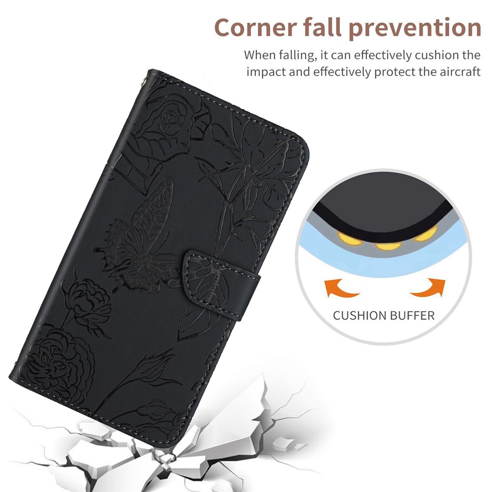 HT03 For OnePlus Nord CE 2 Lite 5G/Realme 9 Pro/V25 Well-protected Wallet Style Imprinted Butterfly Flowers Case Skin Feel Leather Stand Shell with Shoulder Strap - Black-6