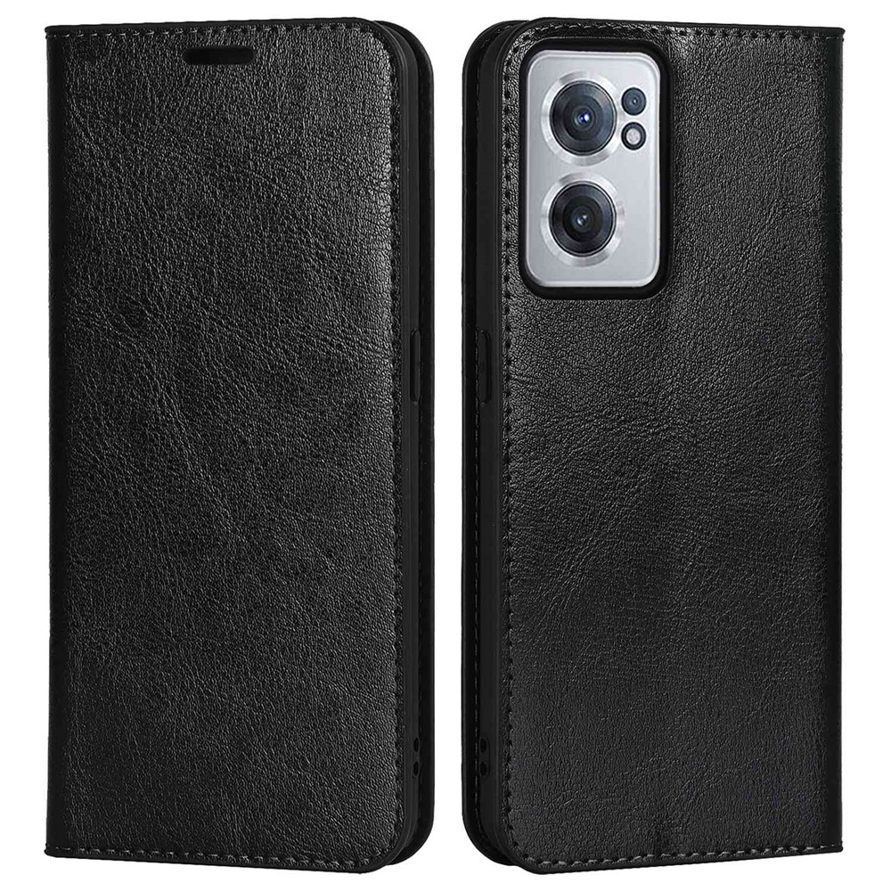 For OnePlus Nord CE 2 5G Genuine Leather Crazy Horse Texture Case Magnetic Auto Closing Viewing Stand Wallet Flip Folio Cover - Black-1