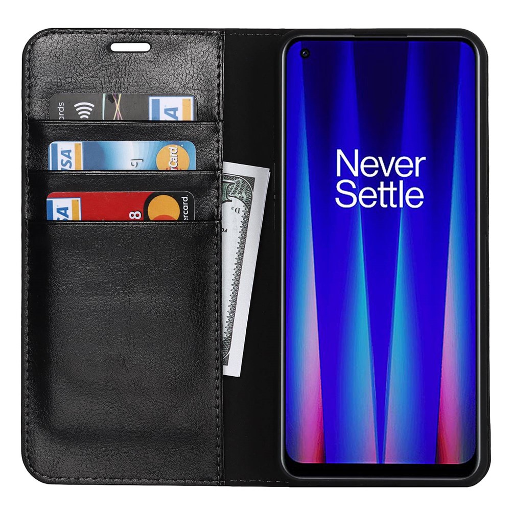 For OnePlus Nord CE 2 5G Genuine Leather Crazy Horse Texture Case Magnetic Auto Closing Viewing Stand Wallet Flip Folio Cover - Black-2