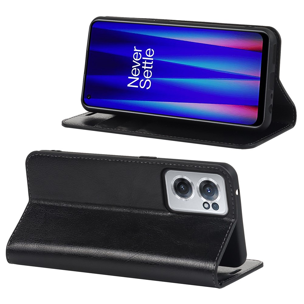 For OnePlus Nord CE 2 5G Genuine Leather Crazy Horse Texture Case Magnetic Auto Closing Viewing Stand Wallet Flip Folio Cover - Black-3