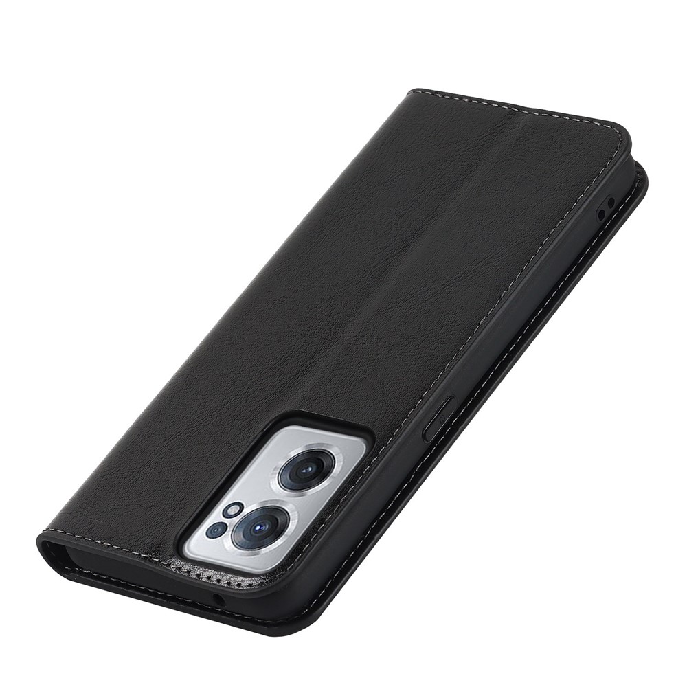 For OnePlus Nord CE 2 5G Genuine Leather Crazy Horse Texture Case Magnetic Auto Closing Viewing Stand Wallet Flip Folio Cover - Black-6