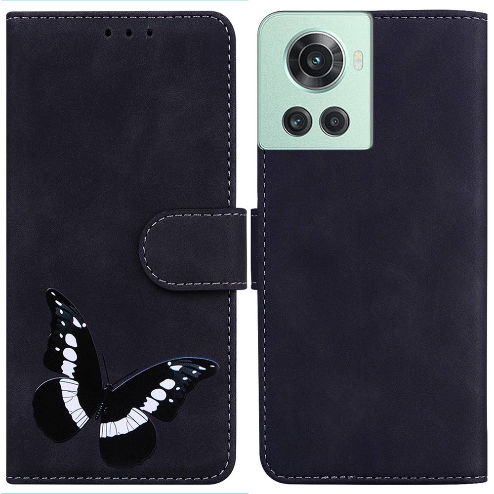 For OnePlus 10R 5G/Ace 5G Skin-touch Feeling Leather Wallet Case Butterfly Pattern Printing Stand Magnetic Clasp Protective Cover - Black-1