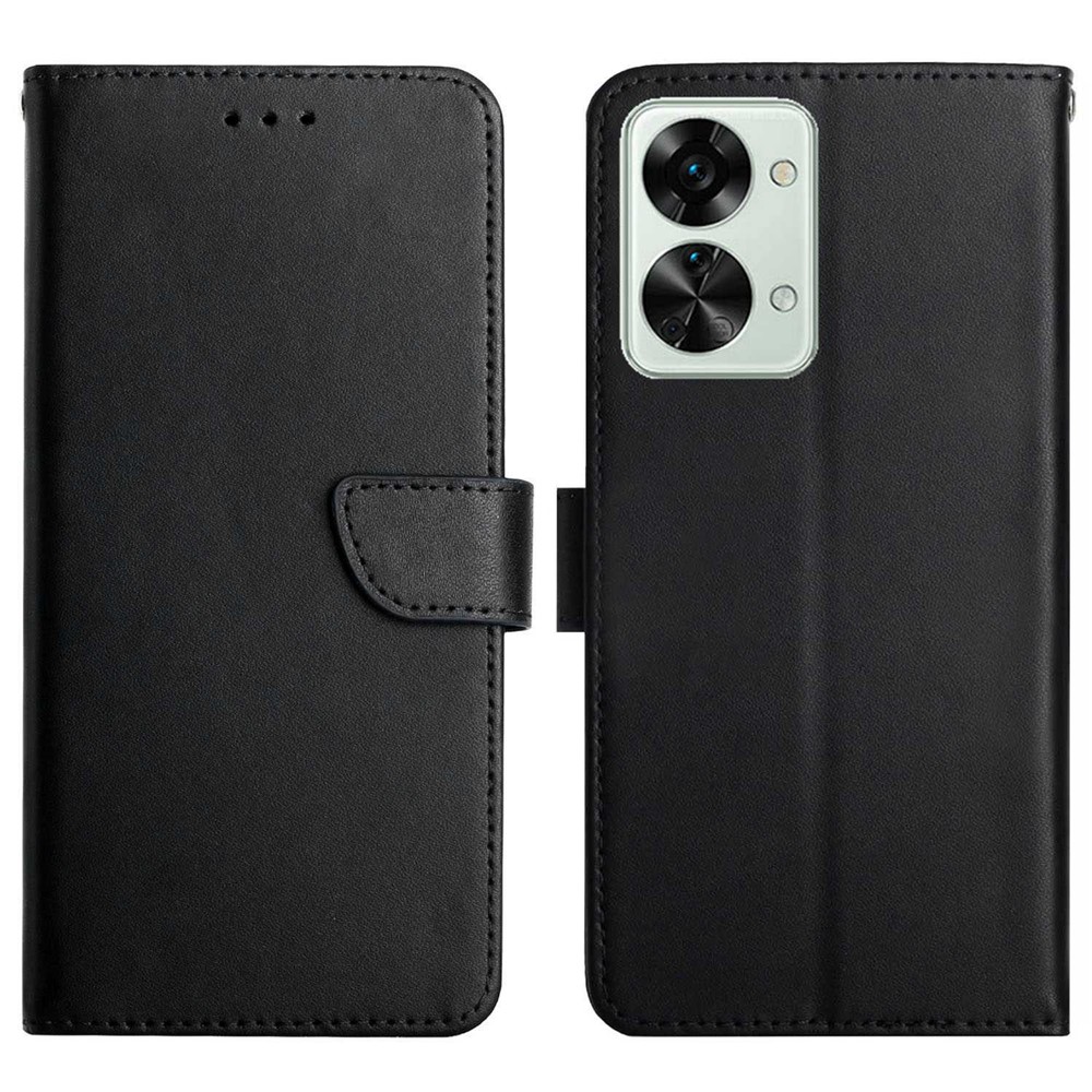 For OnePlus Nord 2T 5G Genuine Leather Case Nappa Texture Stand Wallet Style Shockproof TPU Full Protection Magnetic Cover - Black-1