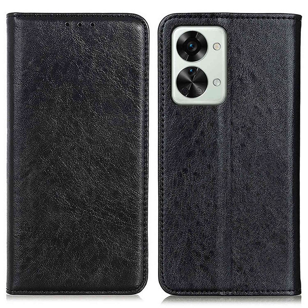 For OnePlus Nord 2T 5G Magnetic Absorption PU Leather Stand Flip Cover Crazy Horse Texture Full Body Shockproof TPU Wallet Phone Case - Black-1