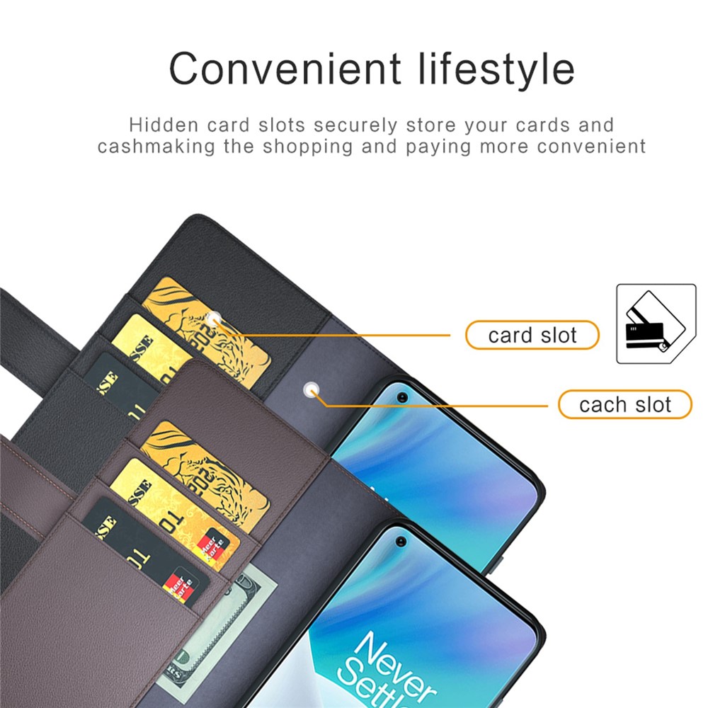 For OnePlus Nord 2T 5G Genuine Split Leather Wallet Cell Phone Case Magnetic Well-protected Flip Folio Cover with Adjustable Stand - Brown-4