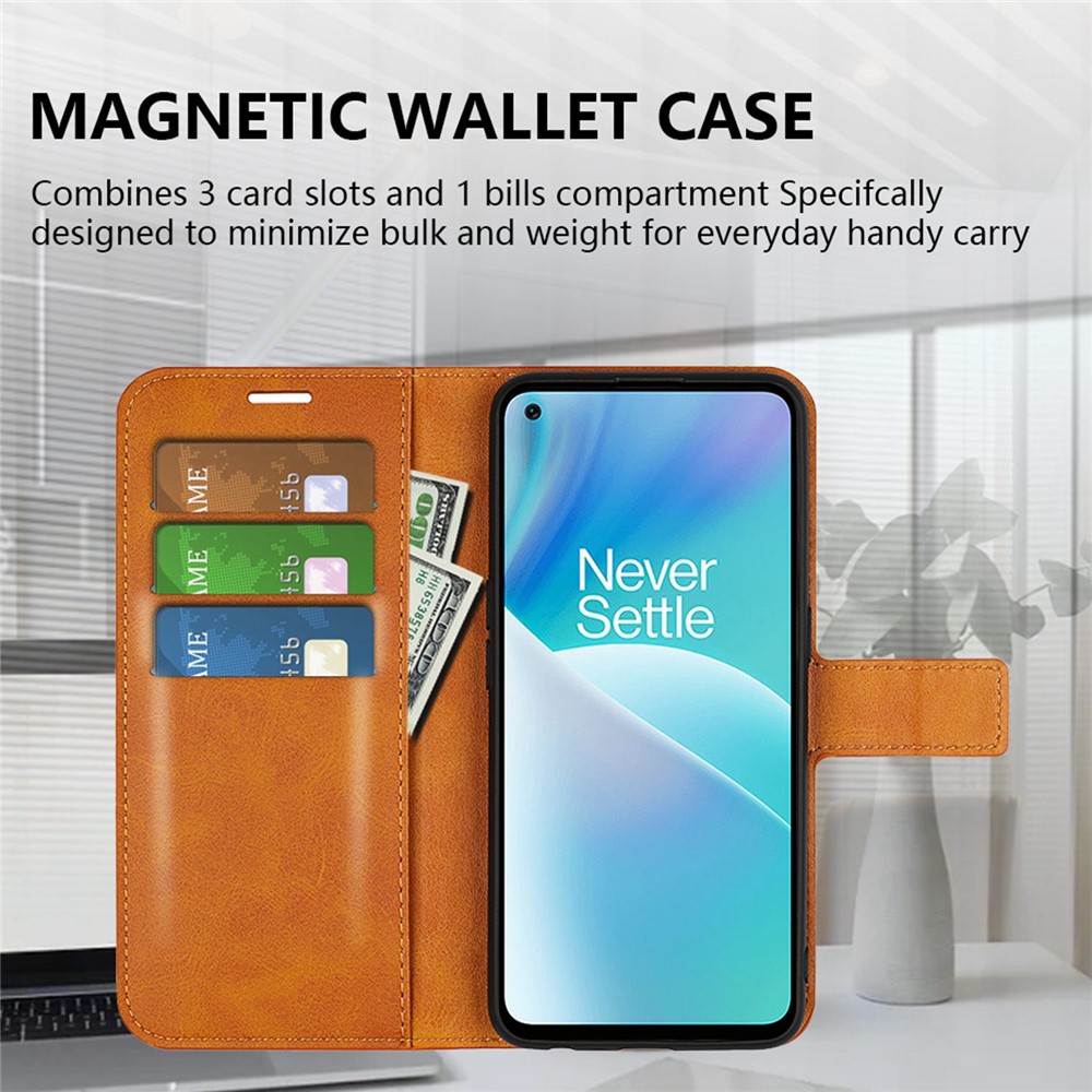 For OnePlus Nord 2T 5G Square Magnetic Clasp Wear-resistant Case Anti-drop PU Leather Stand Flip Wallet Cover - Yellow-4